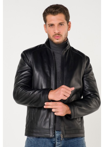 Deri Biker Style Düz Koyu Siyah Mont Ceket