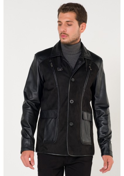 Deri Dik Kemerli Yaka Düğme Kapama Siyah Mont