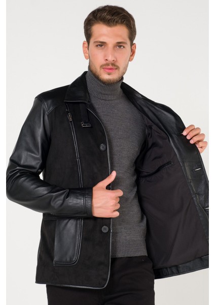 Deri Dik Kemerli Yaka Düğme Kapama Siyah Mont modelleri