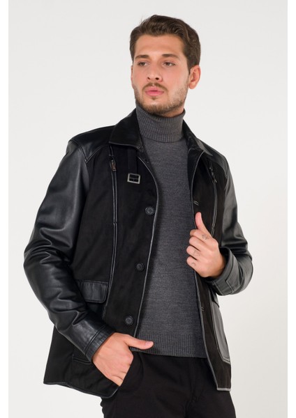 Deri Dik Kemerli Yaka Düğme Kapama Siyah Mont indirimleri