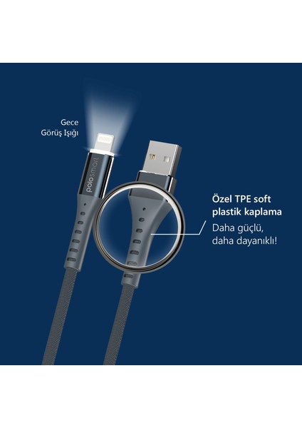 PMS28 Lightning LED Uyarılı Şarj ve Data Kablosu