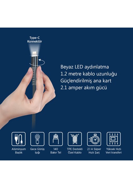 PMS28 Lightning LED Uyarılı Şarj ve Data Kablosu