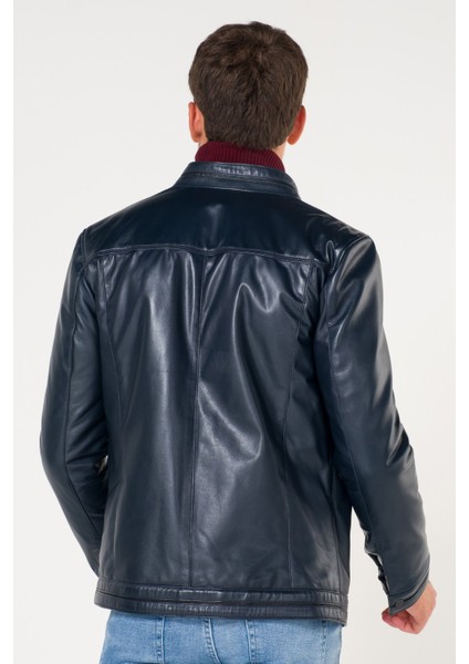 Deri Biker Style Düz Koyu Lacivert Mont Ceket modelleri