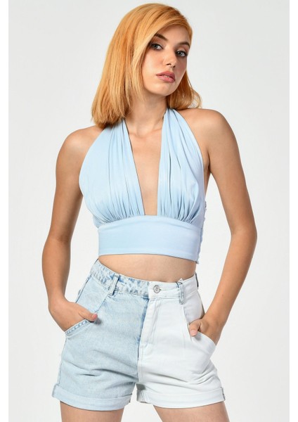 Boyundan Bağlamalı Crop Top - Mavi Mavi - 40