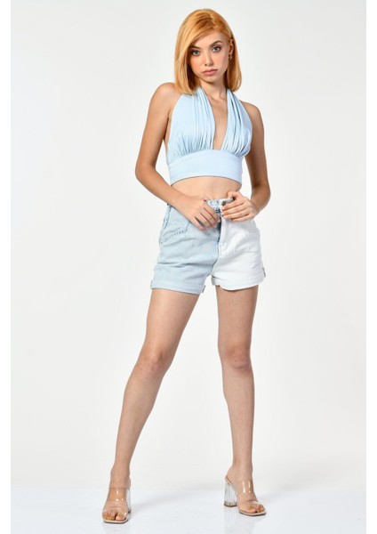Boyundan Bağlamalı Crop Top - Mavi Mavi - 40 fiyatları