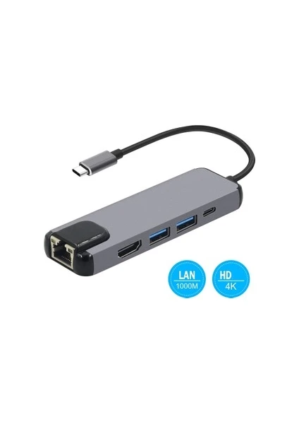 USB Type-C To HDMI Hdtv Lan Usb+Pd Çevirici Dönüştürücü