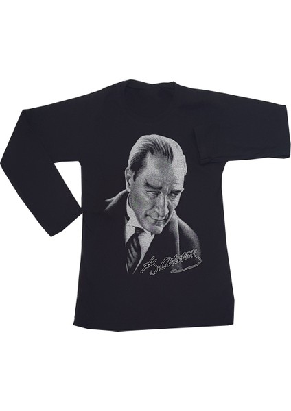 Unisex Siyah Uzun Kollu Atatürk Baskılı Tişört