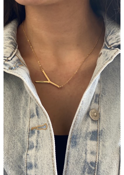 Gold Iri Plaka Harf Kolye Y Harfi