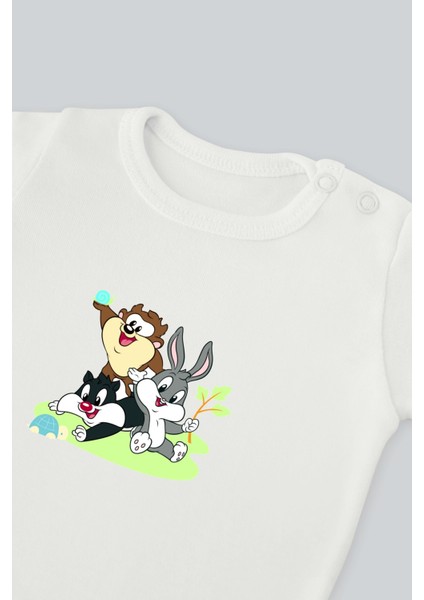Tazmanya Sylvester Bugs Bunny Baskılı Bebek Body Zıbın Uzun Kollu Çıt Çıtlı Badi Pamuk