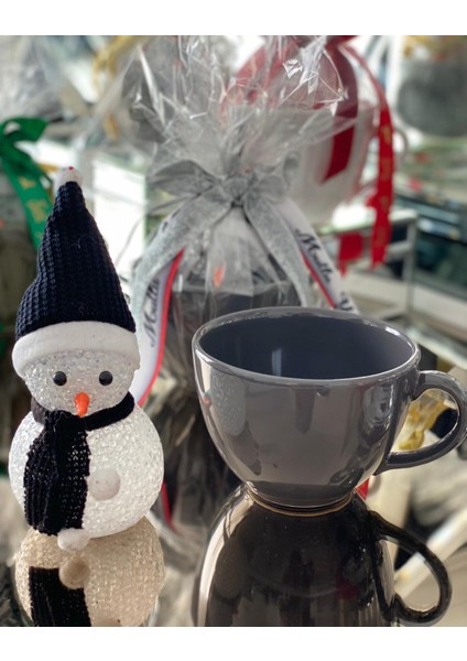 Yeni Yıl Yılbaşı Hediye Seti Işıklı Kardan Adam Dekorasyon Süs Büyük Porselen Kupa Fincan Kase Füme Siyah fırsatları