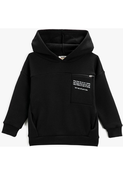 Slogan Baskılı Kapşonlu Sweatshirt Fermuarlı Cepli Pamuklu