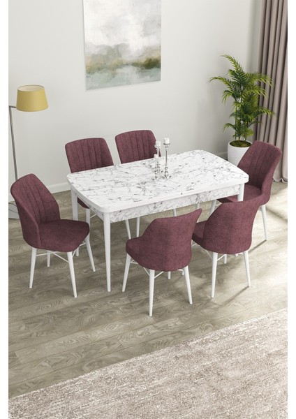 Concept Canisa Eva Serisi 80 x 132 cm Mdf Açılabilir Beyaz Mermer Desen Mutfak Masa Takımı + 6 Adet Sandalye