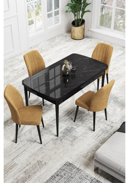 Concept Canisa Rio Serisi 80 x 132 cm Mdf Açılabilir Siyah Mermer Desen Mutfak Masa Takımı + 4 Adet Sandalye