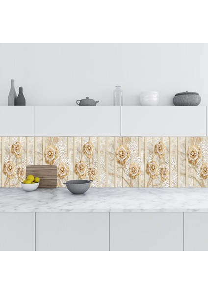 Mutfak Tezgah Arası Folyo Fayans Kaplama Folyosu 3D Altın Çiçekler 60X300 cm