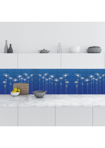 Mutfak Tezgah Arası Folyo Fayans Kaplama Folyosu Mavi Beyaz Çiçekler 60 x 300 cm