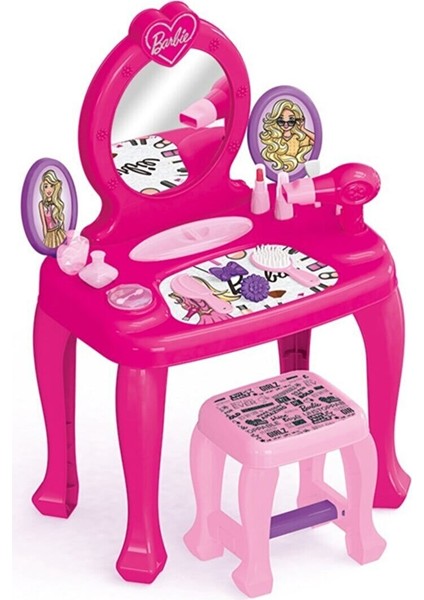 Barbie Aynalı Makyaj Masası Tabureli Fön Makineli Aksesuarlı Güzellik Masası