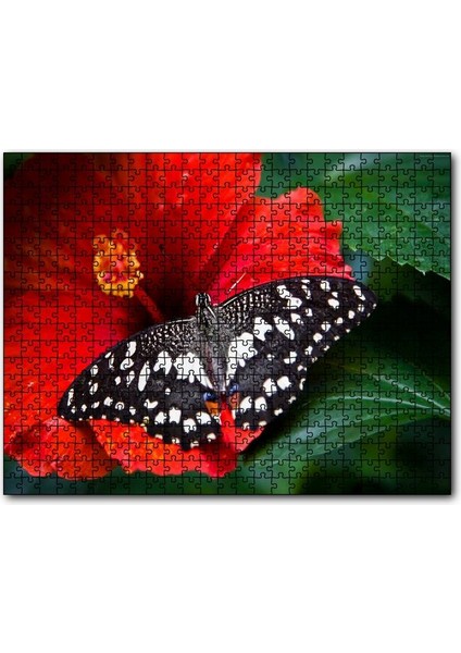 Gülhatmi Çiçeği ve Siyah Beyaz Kelebek 120 Parça Puzzle Yapboz Mdf (Ahşap)