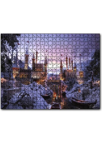 Karlı Nehir Köprü ve Tarihi Kale 500 Parça Puzzle Yapboz Mdf (Ahşap)