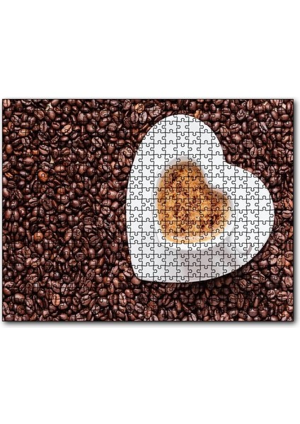 Kahve Çekirdekleri, Kalpli Fincanda Cappucino 120 Parça Puzzle Yapboz Mdf (Ahşap)