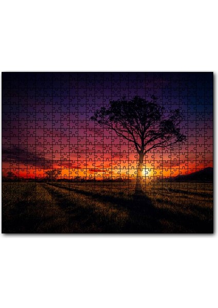 Günbatımı Çayırlar ve Yalnız Ağaç 255 Parça Puzzle Yapboz Mdf (Ahşap)