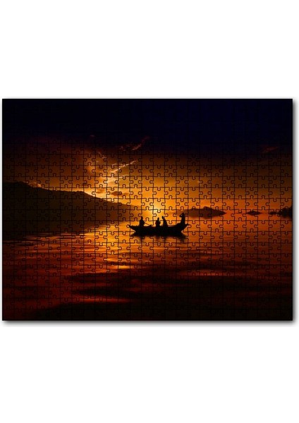 Günbatımı Göldeki Sandal ve 4 Adam 120 Parça Puzzle Yapboz Mdf (Ahşap)