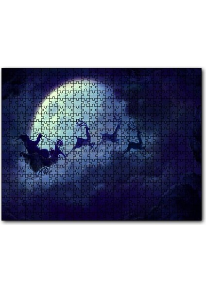 Dolunay Bulutlar Geyikler ve Noel Baba 120 Parça Puzzle Yapboz Mdf (Ahşap)