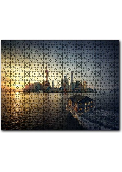 Günbatımı Yüzen Ev ve Gökdelenler 120 Parça Puzzle Yapboz Mdf (Ahşap)