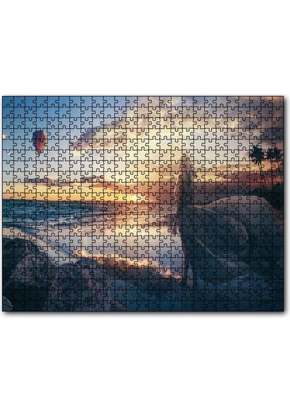 Günbatımı Sıcak Hava Balonu Sahil ve Kadın 120 Parça Puzzle Yapboz Mdf (Ahşap)