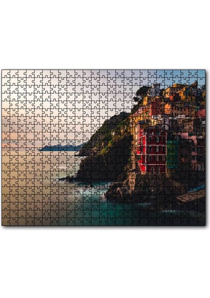 Italya Da Sahil Kasabası Kayalıklar Evler Günbatımı 120 Parça Puzzle Yapboz Mdf (Ahşap)