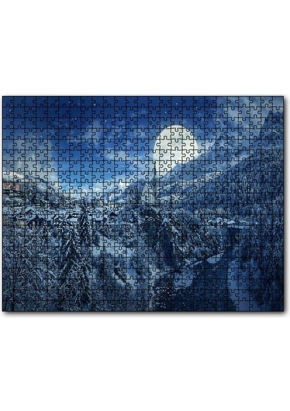 Süper Dolunay ve Karla Kaplı Kasaba 120 Parça Puzzle Yapboz Mdf (Ahşap)