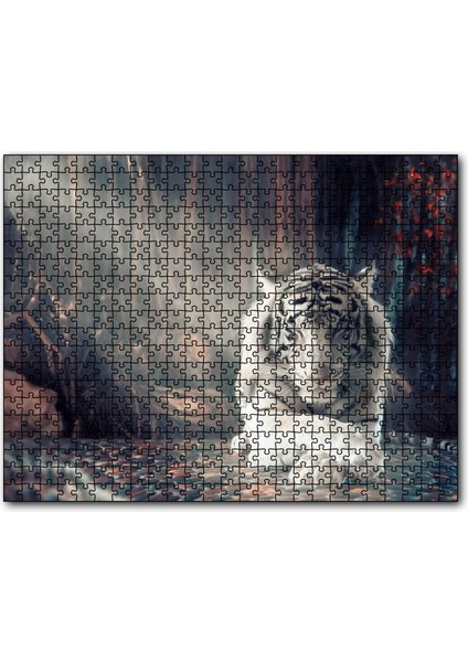Ormanda Uyuyan Beyaz Kaplan ve Güneş Işıkları 1000 Parça Puzzle Yapboz Mdf(Ahşap)