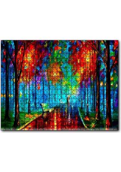 Ağaçlı Yol Yağmur Şemsiyeli Çift Yağlıboya 120 Parça Puzzle Yapboz Mdf (Ahşap)