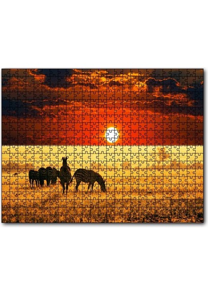 Savana'da Günbatımı ve Zebralar 120 Parça Puzzle Yapboz Mdf (Ahşap)