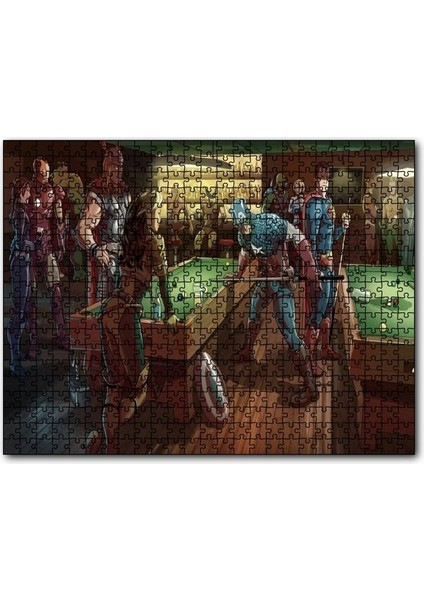 Süper Kahramanlar Bilardo Salonunda 120 Parça Puzzle Yapboz Mdf (Ahşap)