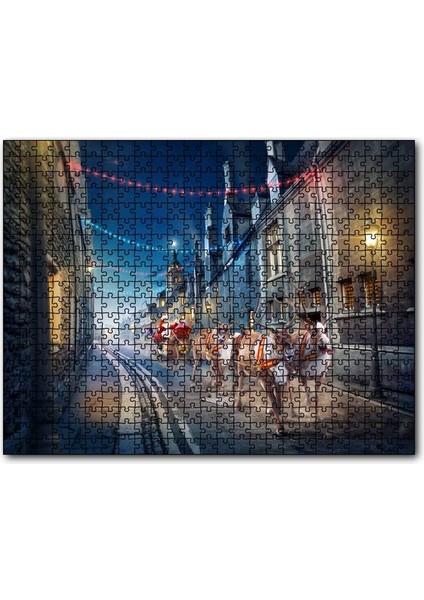 Nostaljik Sokakta Noel Baba ve Geyikleri 255 Parça Puzzle Yapboz Mdf (Ahşap)