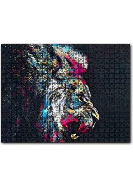 Erkek Aslan Renkli Fırça Darbeleri Siyah Zemin 1000 Parça Puzzle Yapboz Mdf(Ahşap)
