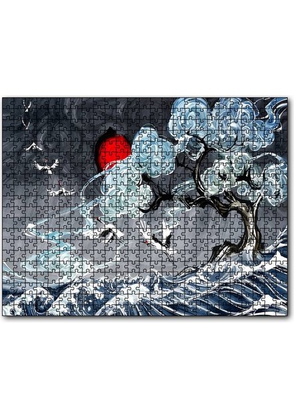 Leylekler Dalgalı Deniz Ağaç ve Güneş Yağlıboya 120 Parça Puzzle Yapboz Mdf (Ahşap)