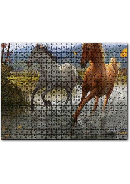 Kahverengi ve Beyaz Koşan Atlar Çizim 120 Parça Puzzle Yapboz Mdf (Ahşap)