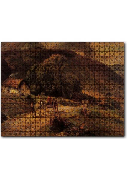 Kulübe Ağaçlar Dağlar ve At Arabası 120 Parça Puzzle Yapboz Mdf (Ahşap)