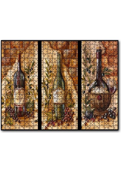 Üç Çeşit Şarap Şişesi Üzüm Görseli 120 Parça Puzzle Yapboz Mdf (Ahşap)