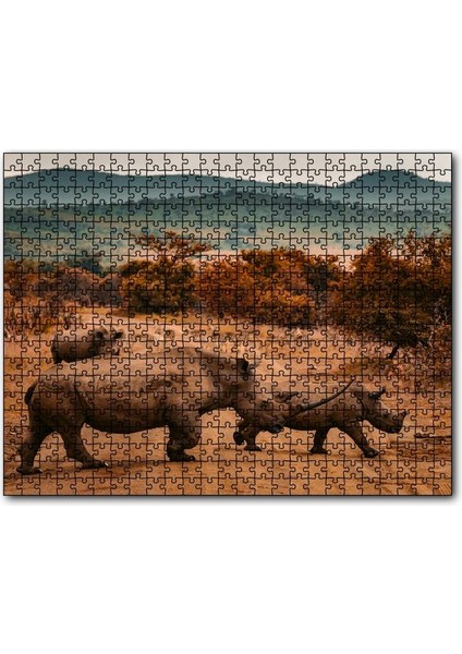 Muhteşem Boynuzlu Gergedan ve Yavrusu 255 Parça Puzzle Yapboz Mdf (Ahşap)