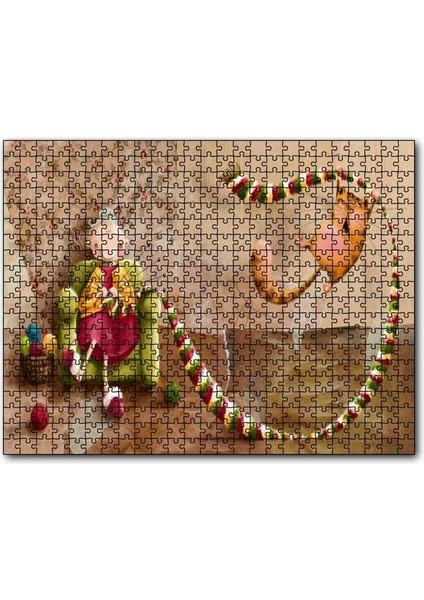 Atkı Ören Yaşlı Kadın ve Oynayan Kedisi 500 Parça Puzzle Yapboz Mdf (Ahşap)