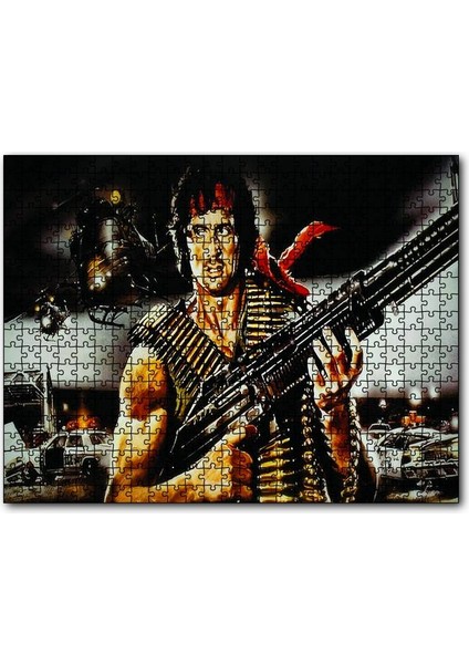 Rambo Makineli ve Arkaplanda Helikopter ve Polisler 255 Parça Puzzle Yapboz Mdf (Ahşap)