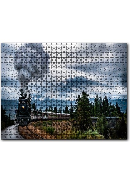Kıvrılarak Ilerleyen Kara Tren ve Dumanı 500 Parça Puzzle Yapboz Mdf (Ahşap)