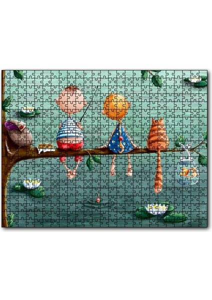 Dalda Balık Tutan Çocuklar ve Kedi Illüstrasyon 120 Parça Puzzle Yapboz Mdf (Ahşap)