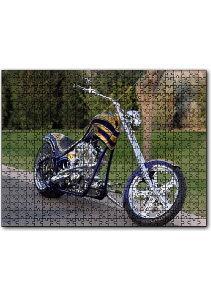 Altın ve Lacivert Chopper Motorsiklet 120 Parça Puzzle Yapboz Mdf (Ahşap)