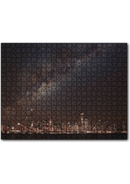 Şehrin Gece Manzarası ve Gökyüzünde Samanyolu 120 Parça Puzzle Yapboz Mdf (Ahşap)