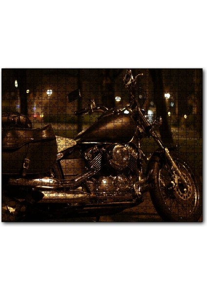Gece Işıkları Altında Siyah Chopper Motorsiklet 255 Parça Puzzle Yapboz Mdf (Ahşap)