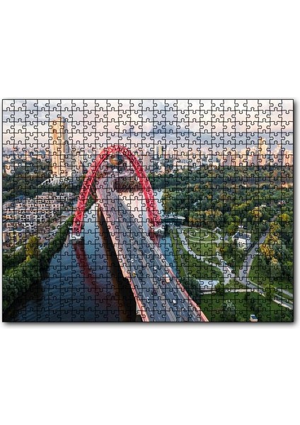 Şehir Ağaçlar Nehir ve Kırmızı Köprü 255 Parça Puzzle Yapboz Mdf (Ahşap)