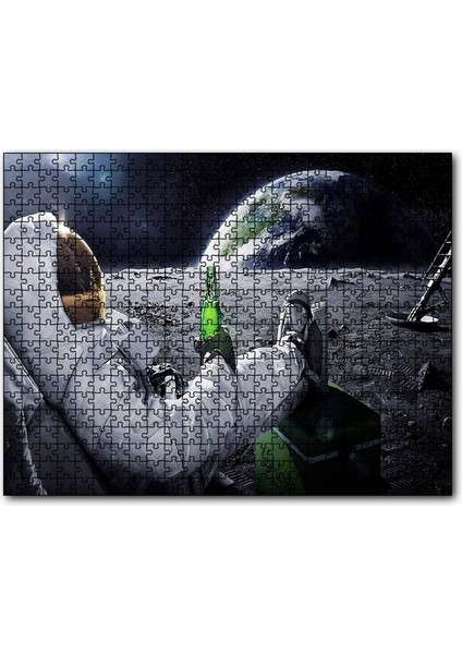 Ayda Dünyaya Karşı Bira Içen Astronot 120 Parça Puzzle Yapboz Mdf (Ahşap)
